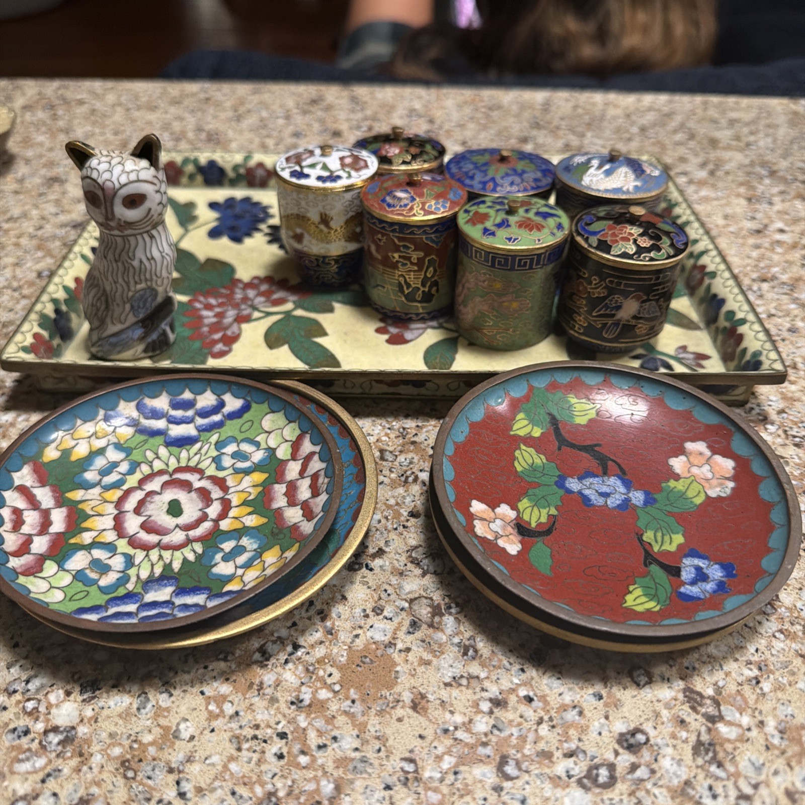 BULK….Vintage cloisonné tray 10” X 7”, Four Small Plates, Seven Lidded Pots, Cat