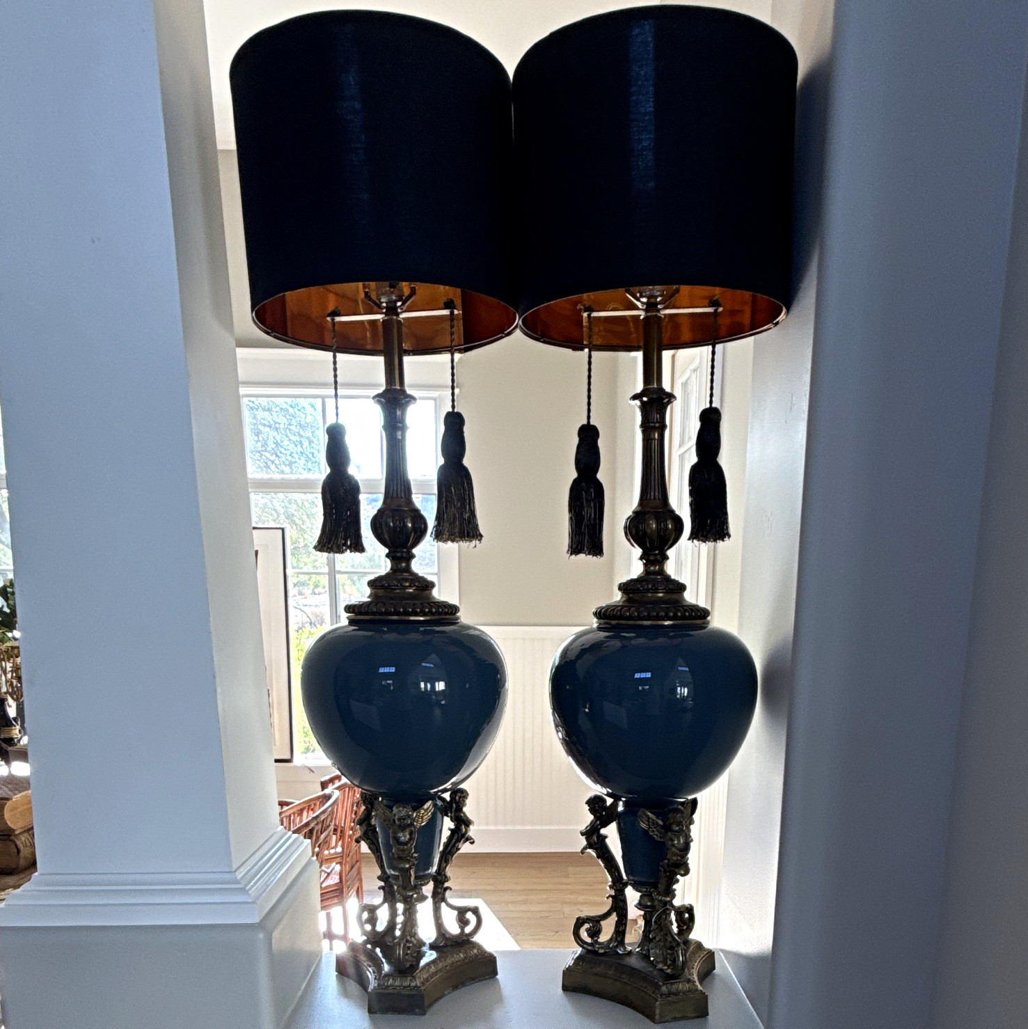 vintage Victorian Pair Blue Ceramic Table Lamps, Antique Bronze, Drum Shades