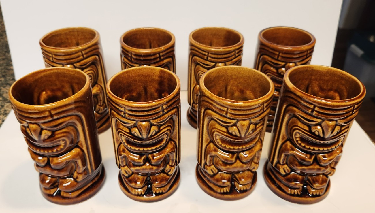 8 Tiki Leilani Ku Ceramic Mugs Vintage Authentic Hand Made Hawaiian Set 5