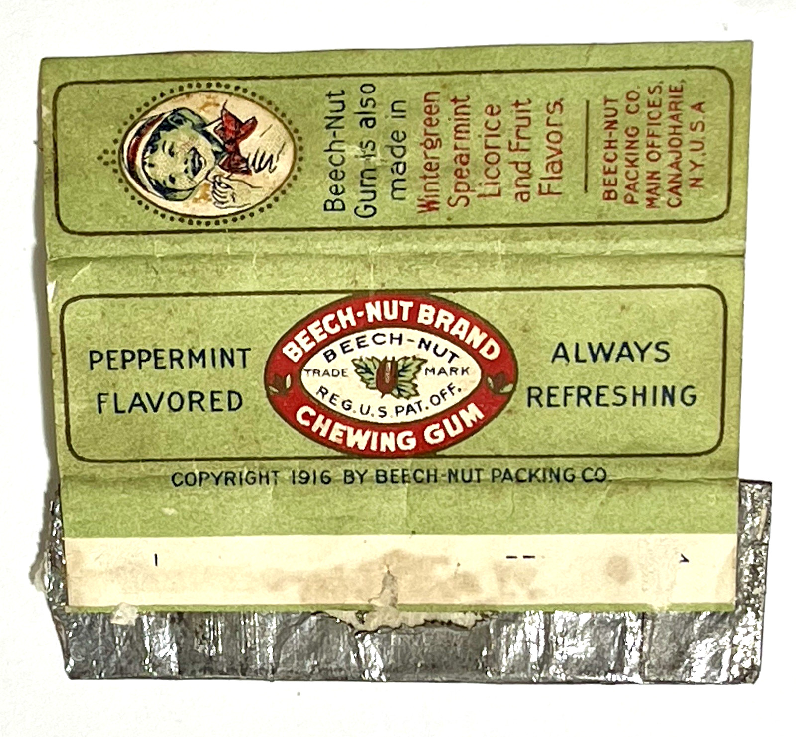 RARE 1916 BEECH-NUT PEPPERMINT CHEWING GUM WRAPPER- CANAJOHARIE, NY