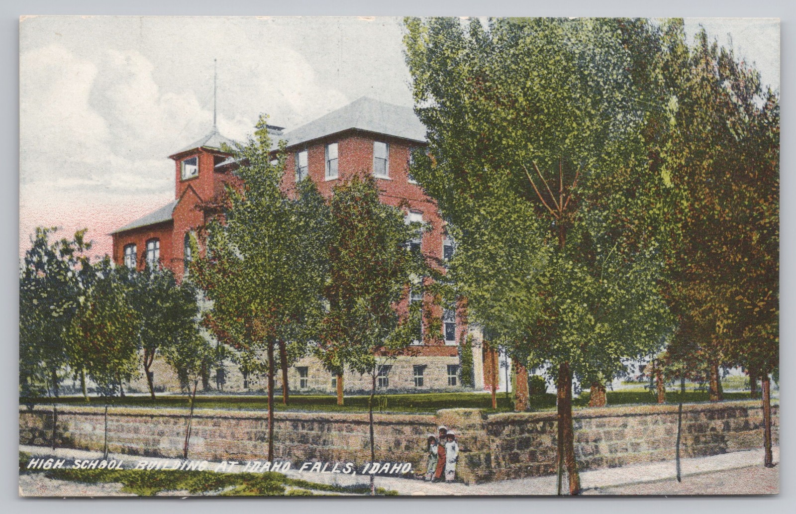 Vintage Idaho Falls Postcard c.1910 High School Building 3 Children Wheelock