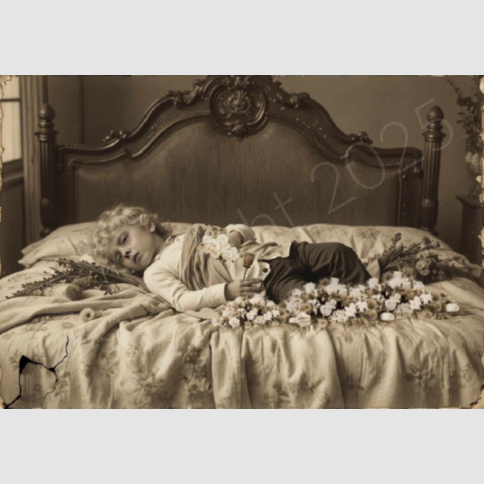Young Boy Curly Hair Photo Post Mortem Flowers Victorian 4 by 6 Photograph