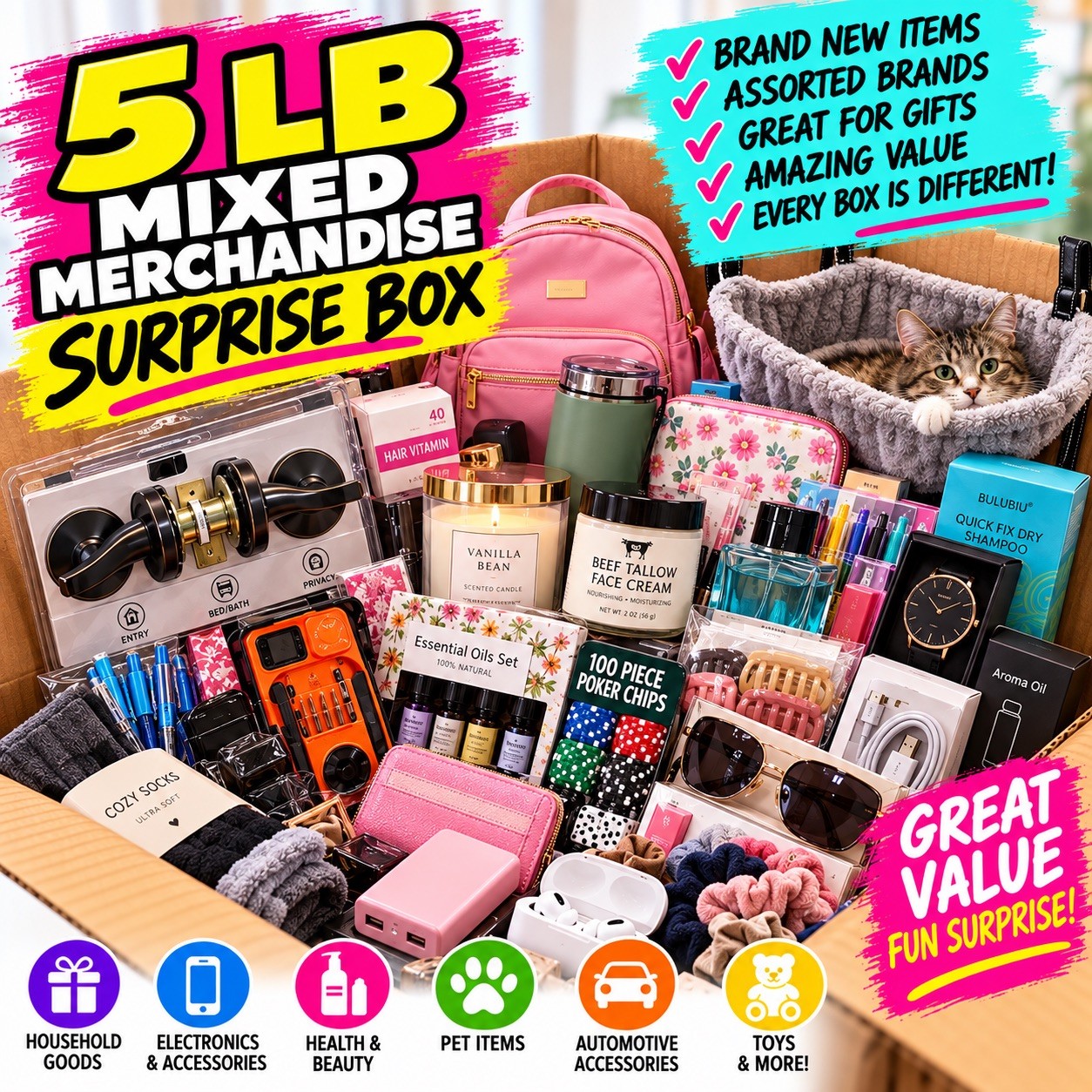 5 LB Mixed Merch Box $100+ Retail Value GUARANTEED Mixed New Items Surprise Lot