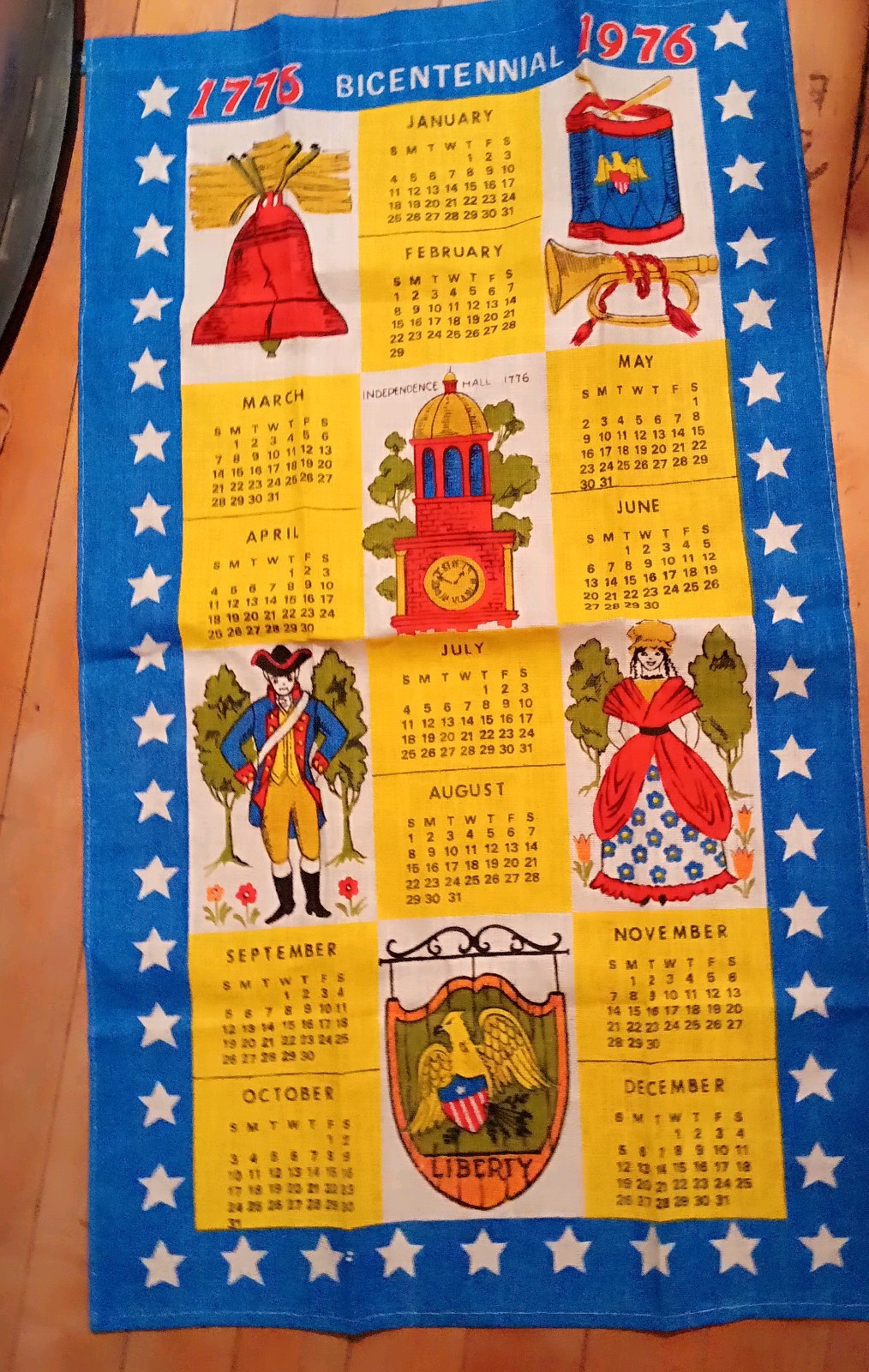 Vintage 1976 US Bicentennial Linen Calendar Tea Towel Americana Wall Hanging