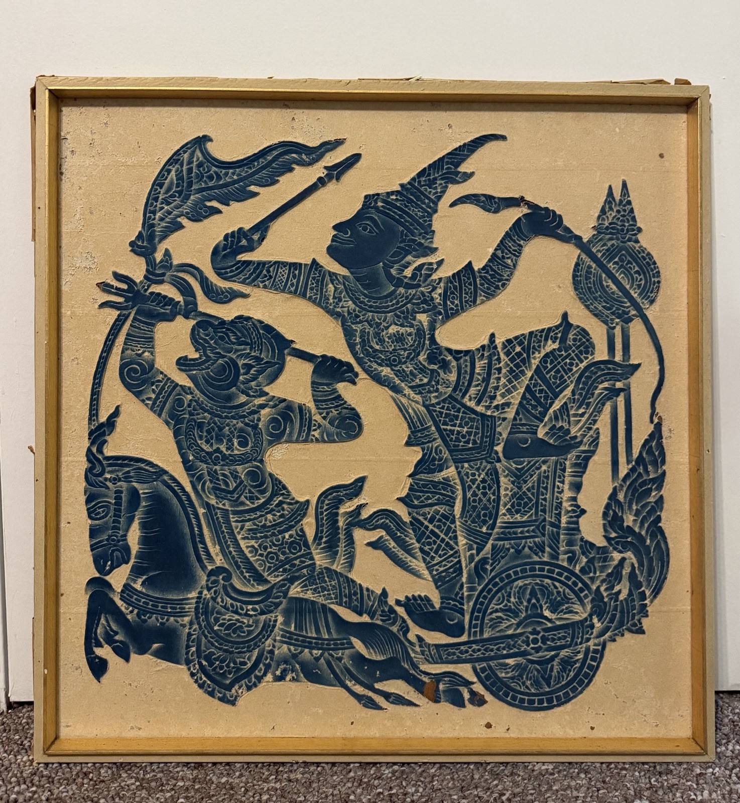 VINTAGE 1960'S MCM THAI TEMPLE RUBBING RICE PAPER RAMAKIEN WARRIOR BLUE ART WOW