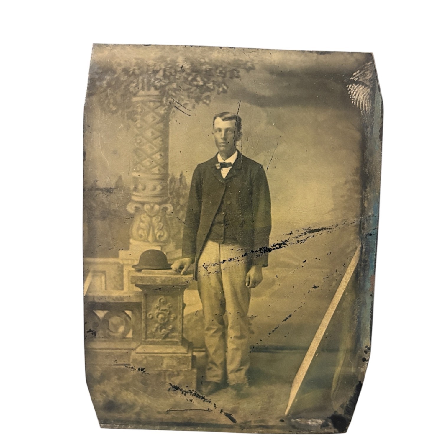 Antique 1/4 Plate Tintype Photo Young Man Studio Portrait c1890s Fingerprint