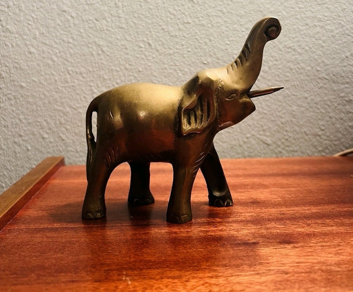 Vintage Solid Brass Elephant Figurine Trunk Up Good Luck Heavy Approximately 5”