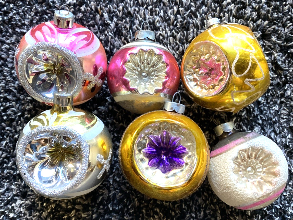 6 Vintage Mercury Glass Christmas Ornaments Triple Indent West Germany & USA