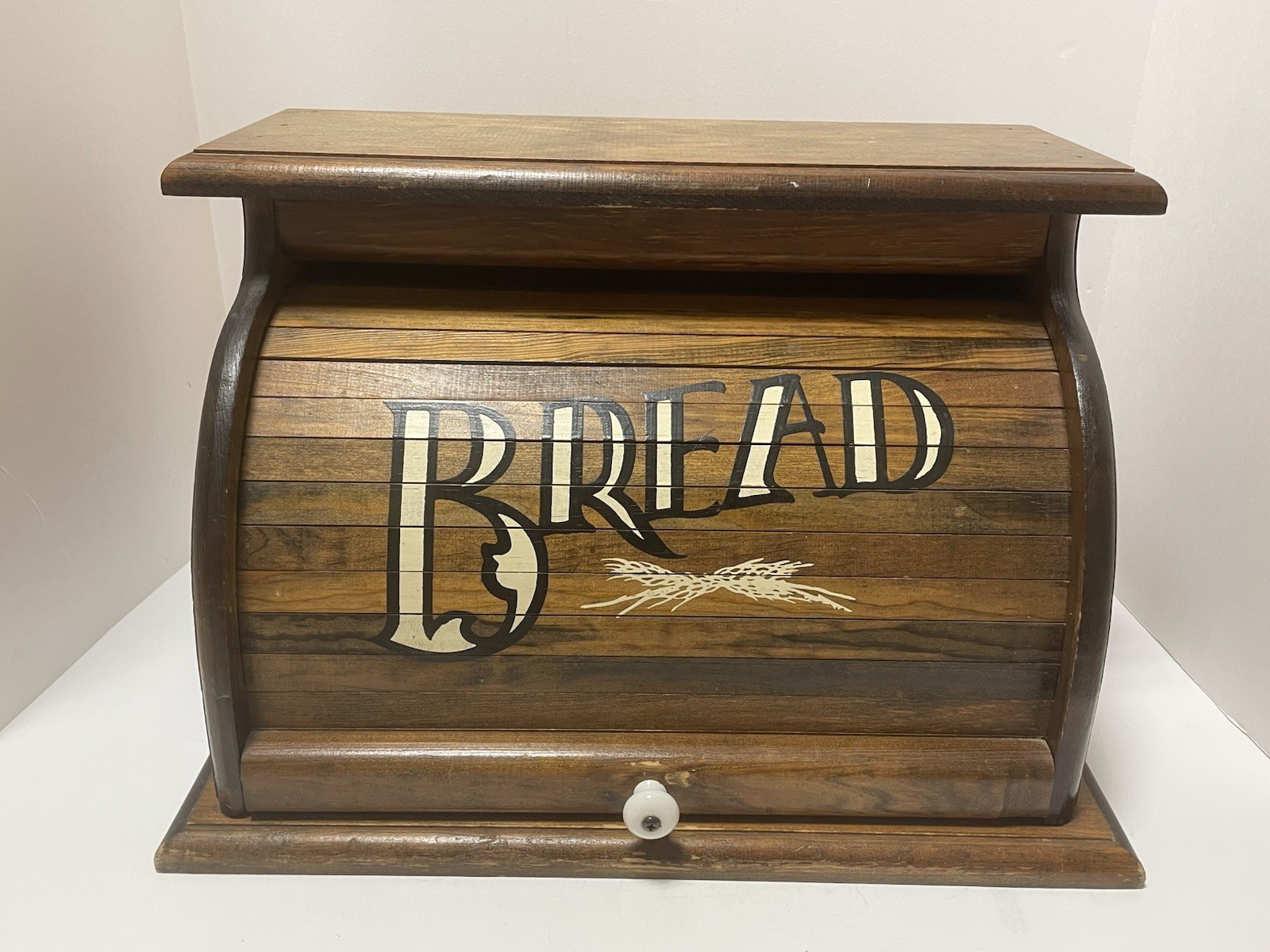 Vintage Antique Dark Wood Wooden Roll Top Bread Box with “BREAD” Lettering