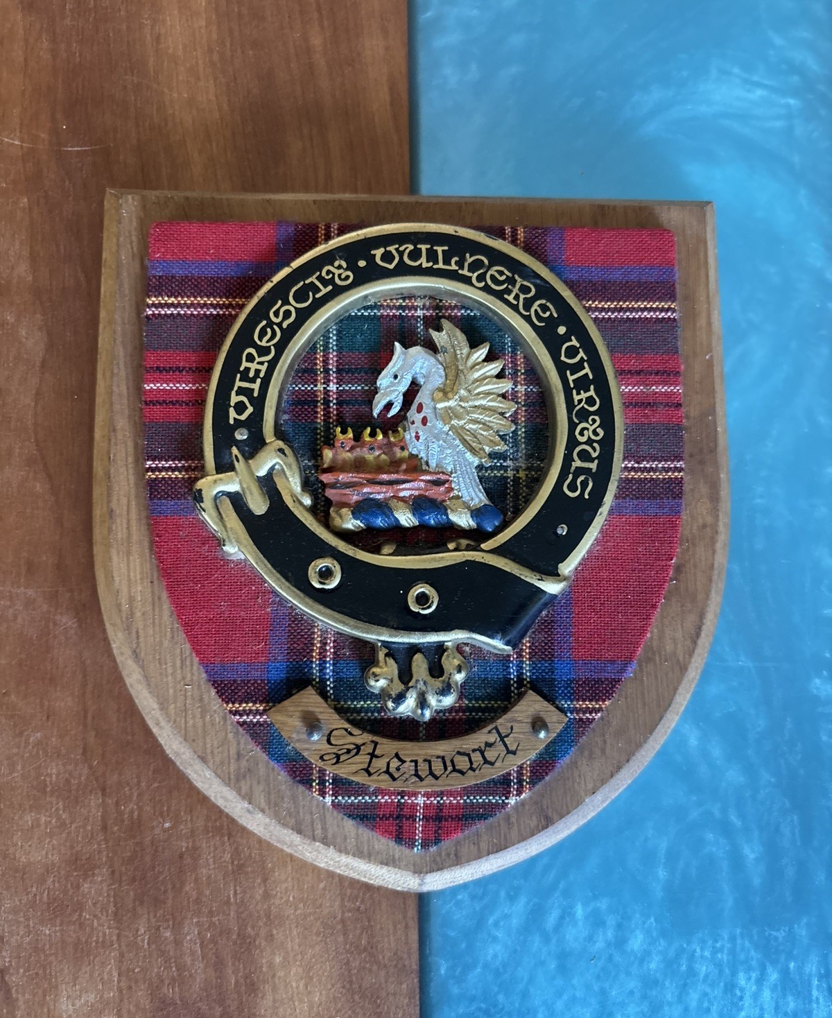 Vintage Stewart Clan Crest Wall Oak Wood Tartan made Scotland 8”x 7.5” Signature