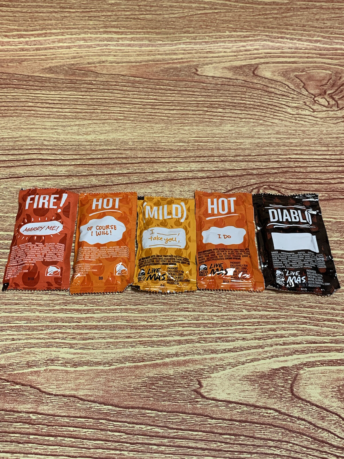 5 Taco Bell Sauce Packs Marry Me I Do Of Course I Will I Take You and Blank