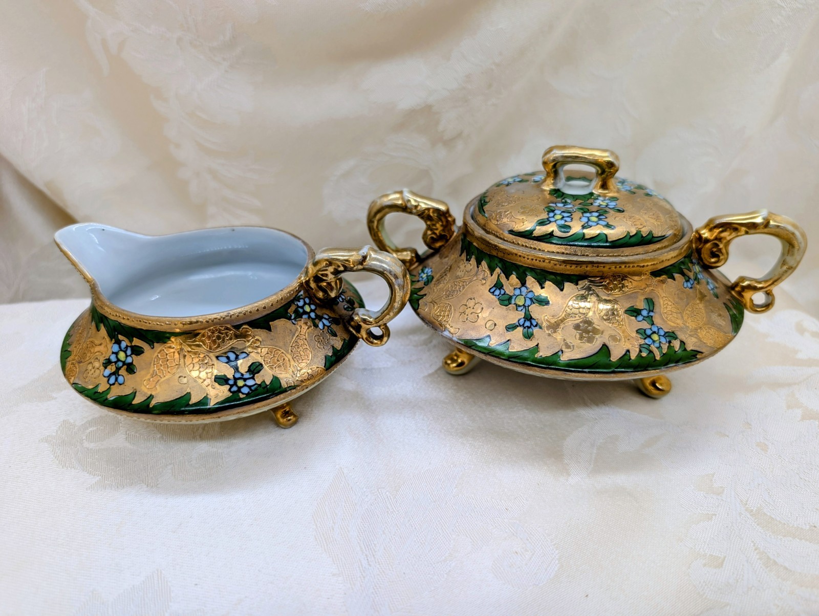 Antique 1800s Sugar Creamer Raised Gold Encrusted Floral Footed Porcelain Green