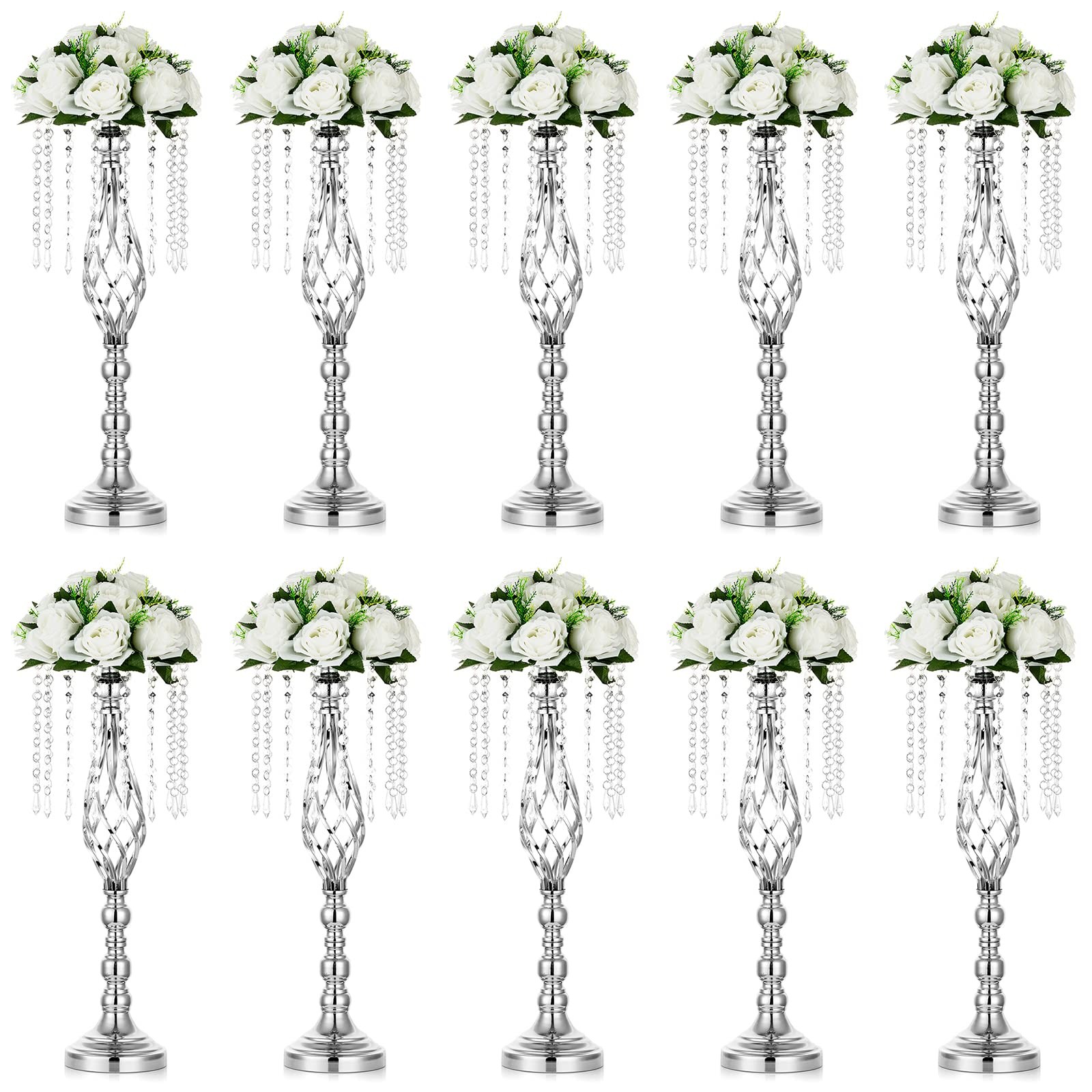 Nuptio 10 Pcs Silver Wedding Flower Stand Vases 21.7in/55cm