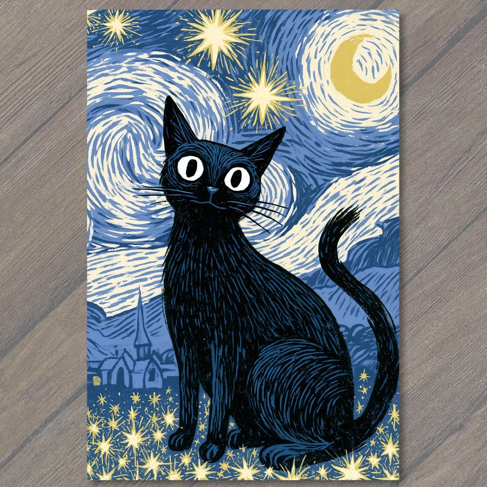 POSTCARD Black Cat Starry Night Sky Moon Sparkles Village Mystic Surreal Fantasy