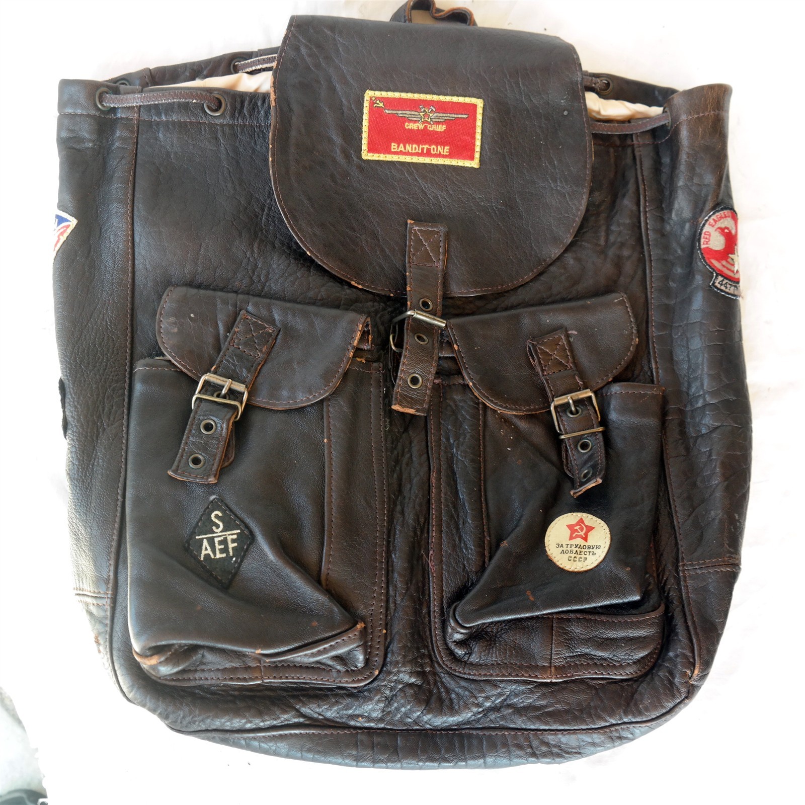 Vtg 1987 AVIREX Type A-2 leather backpack Military patches Nice