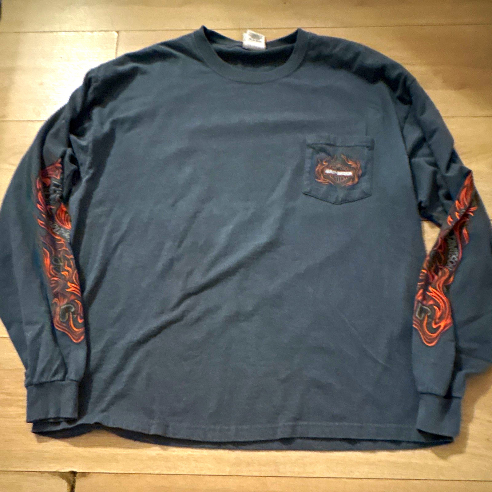 Vintage 90s Harley-Davidson Long Sleeve Pocket T-Shirt Flames Dark Gray XL