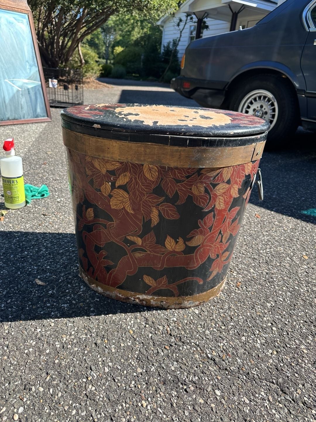 Vintage Hand Painted Chinoiserie Wood Bucket With Lid and Metal Handles