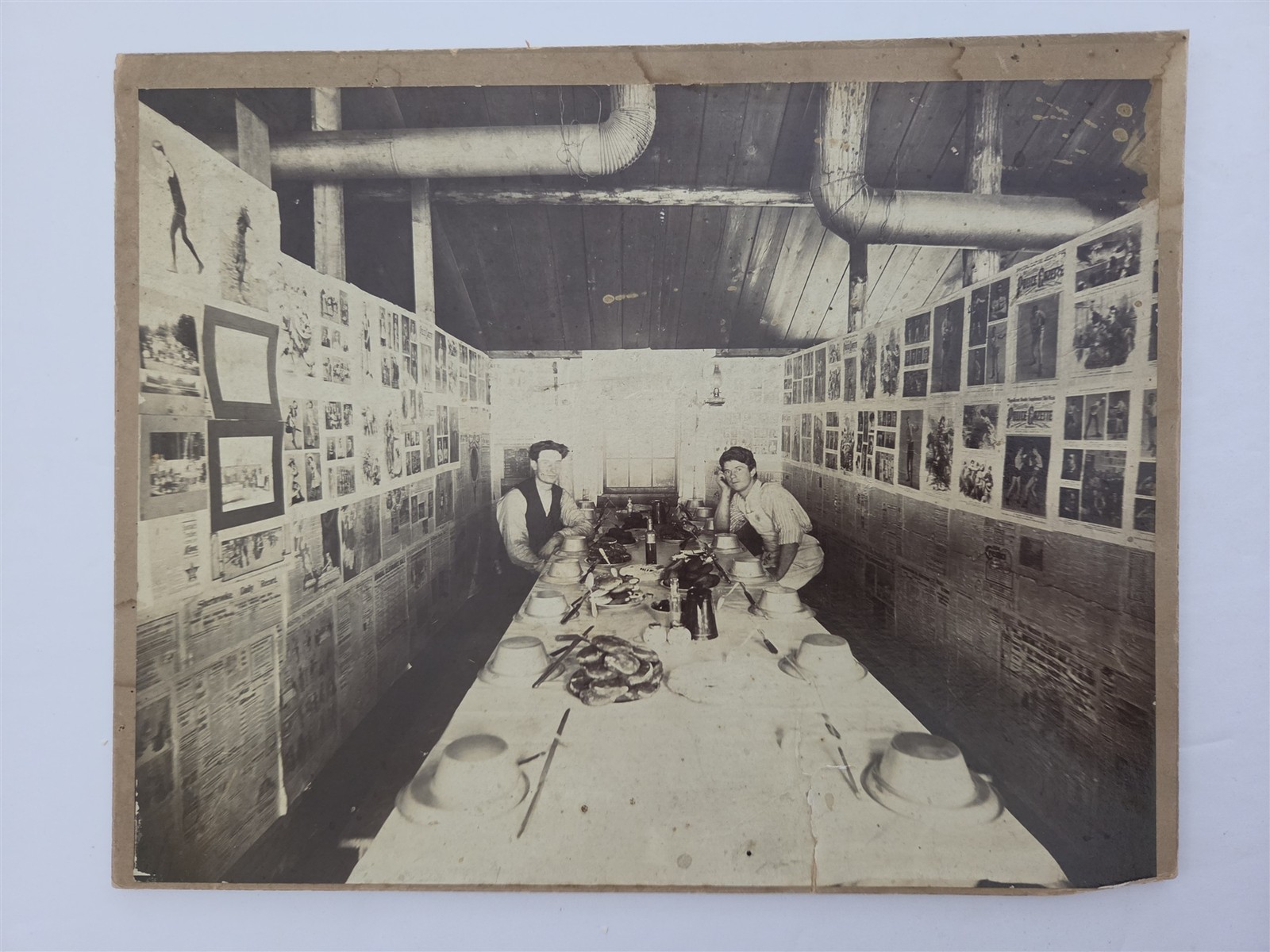 1910s antique PHOTO BOXING COLLAGE WALLS interior WORKERS DINING HALL CAMP