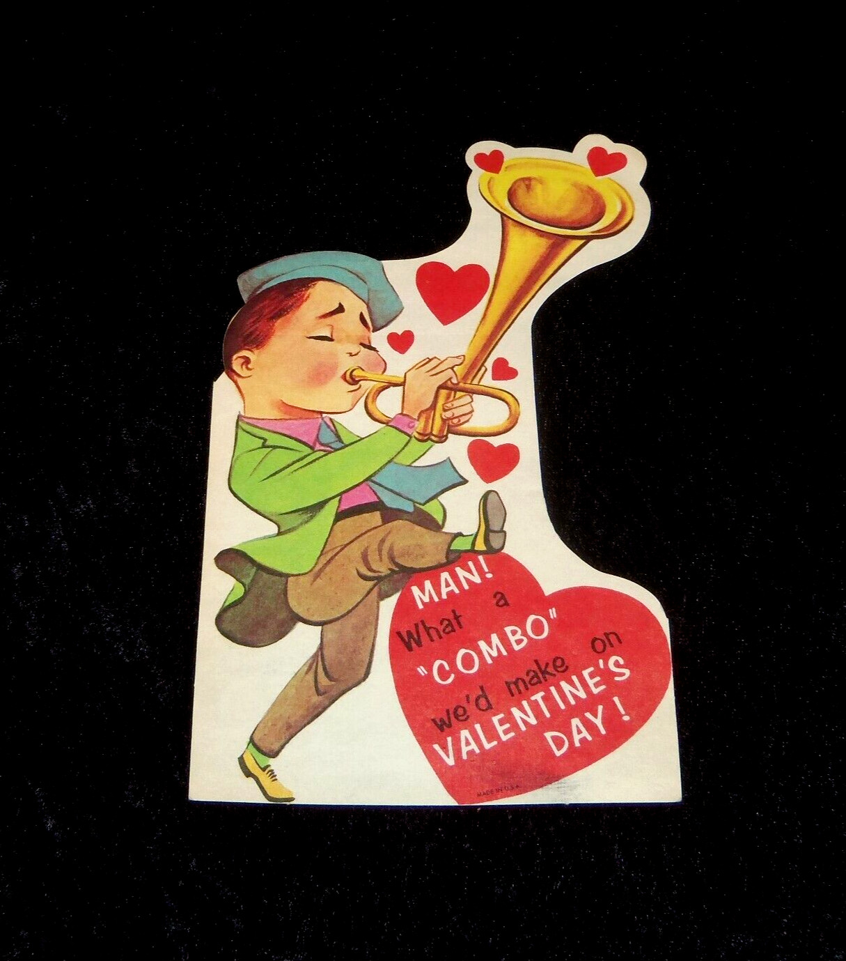 VTG 1960\'s Boy Horn Trumpet School Valentine Card Jazz Used 7.75\