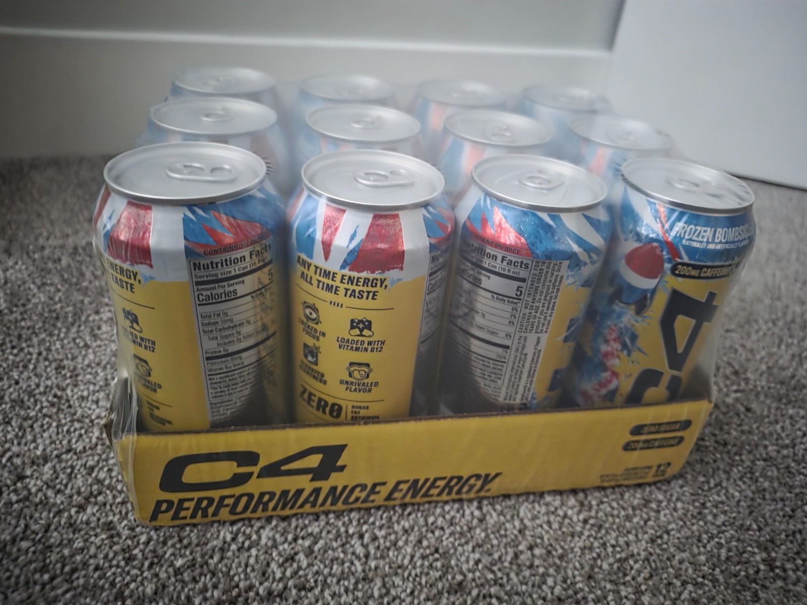 C4 Performance Energy Drink Frozen Bombpop Zero Sugar 16oz 12 Pack Cans