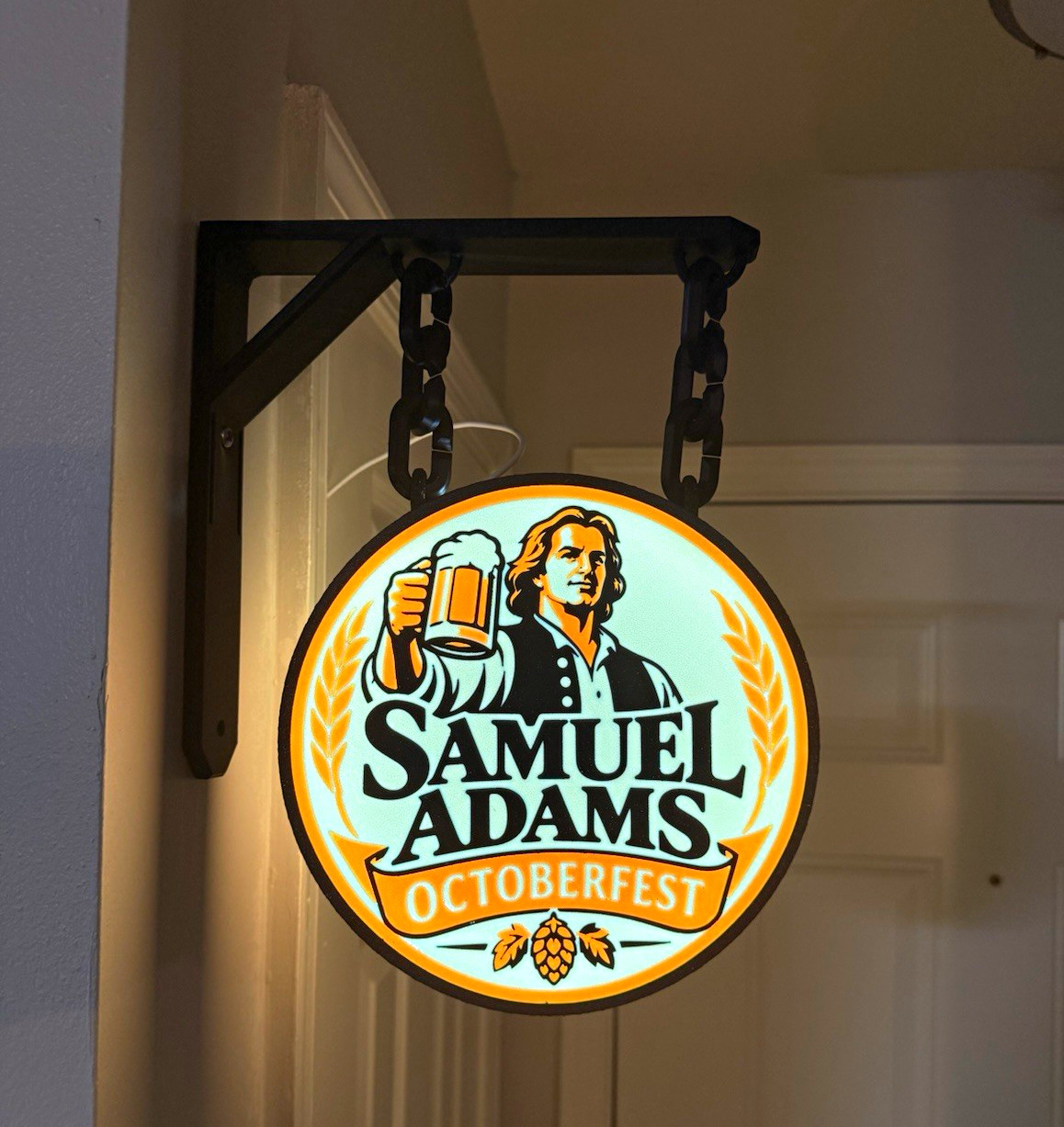 Samuel Adams Oktoberfest Lighted Round Hanging Beer Sign w/ Wall Mount & Chains
