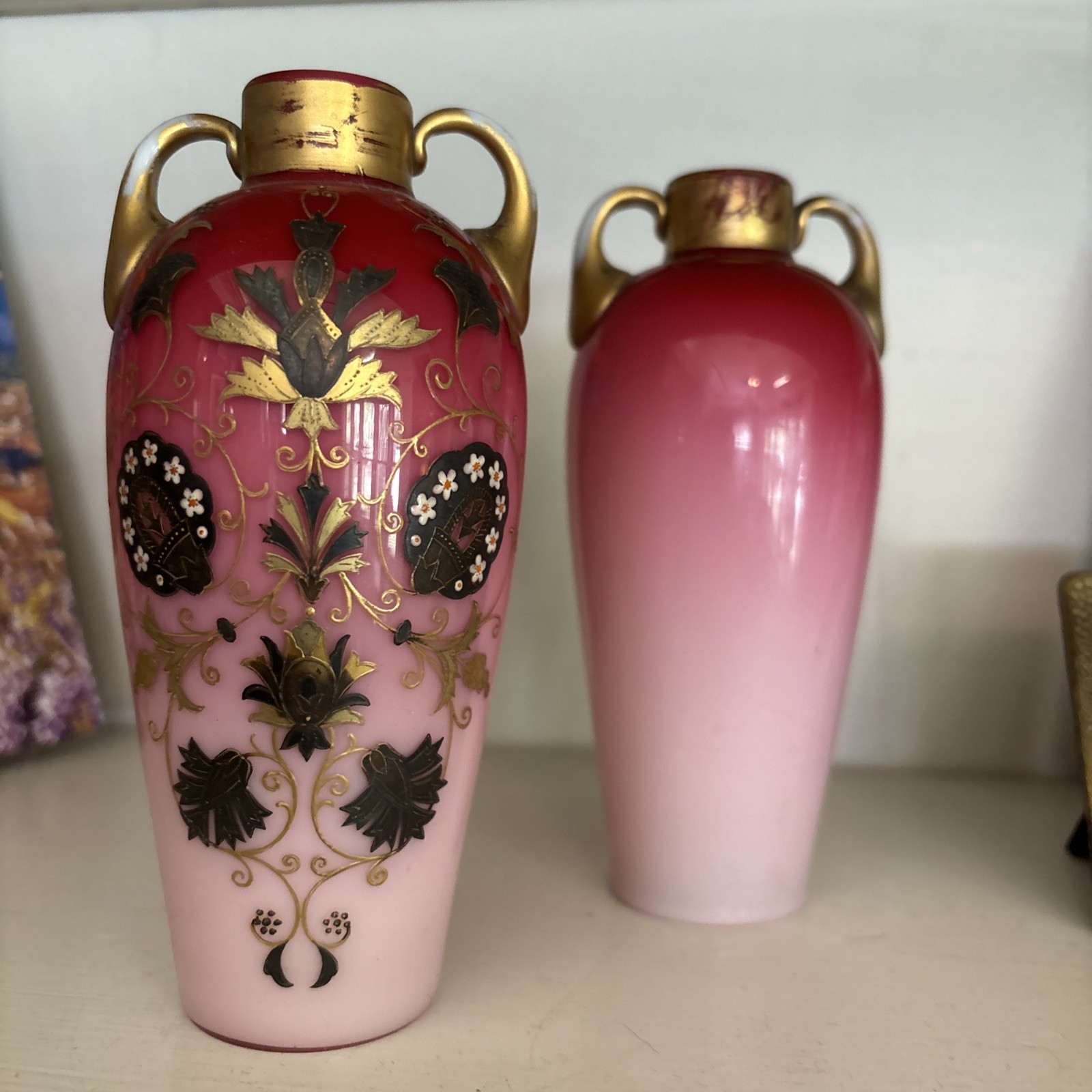 Peach Blow Vases with Foliage and flower Decor Pair Antique Stand 6 Inch