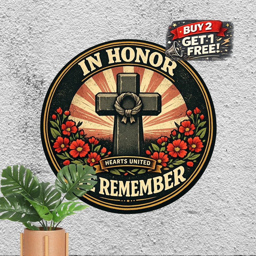 Poppy Cross Memorial Round Metal Sign Patriotic Remembrance Wall Decor Plaque