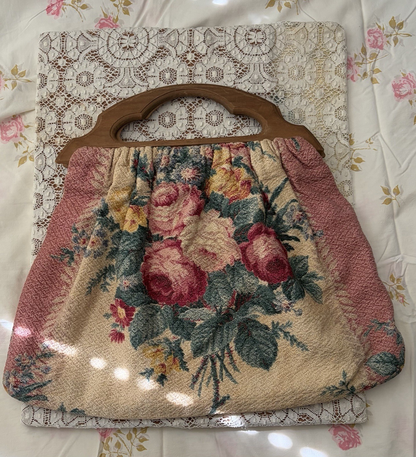 Vintage Nubby Barkcloth Pink Floral Knitting Sewing Bag