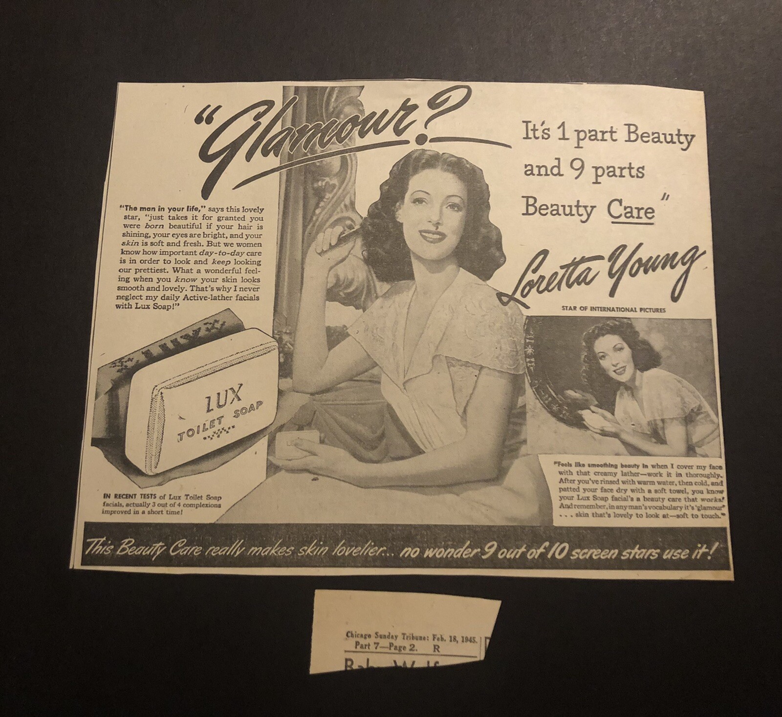 1945 Actress Loretta Young Lux Soap Beauty Newspaper Print Ad 2D23