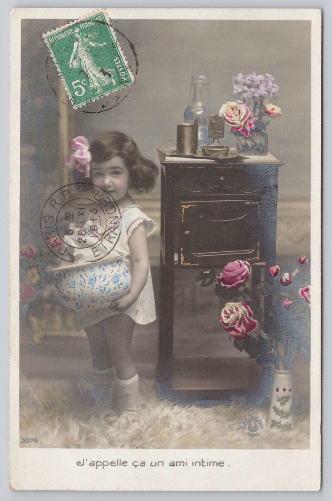 France Child Real Photo Early 1900s Hand Colored Interior Flowers RPPC Postcard