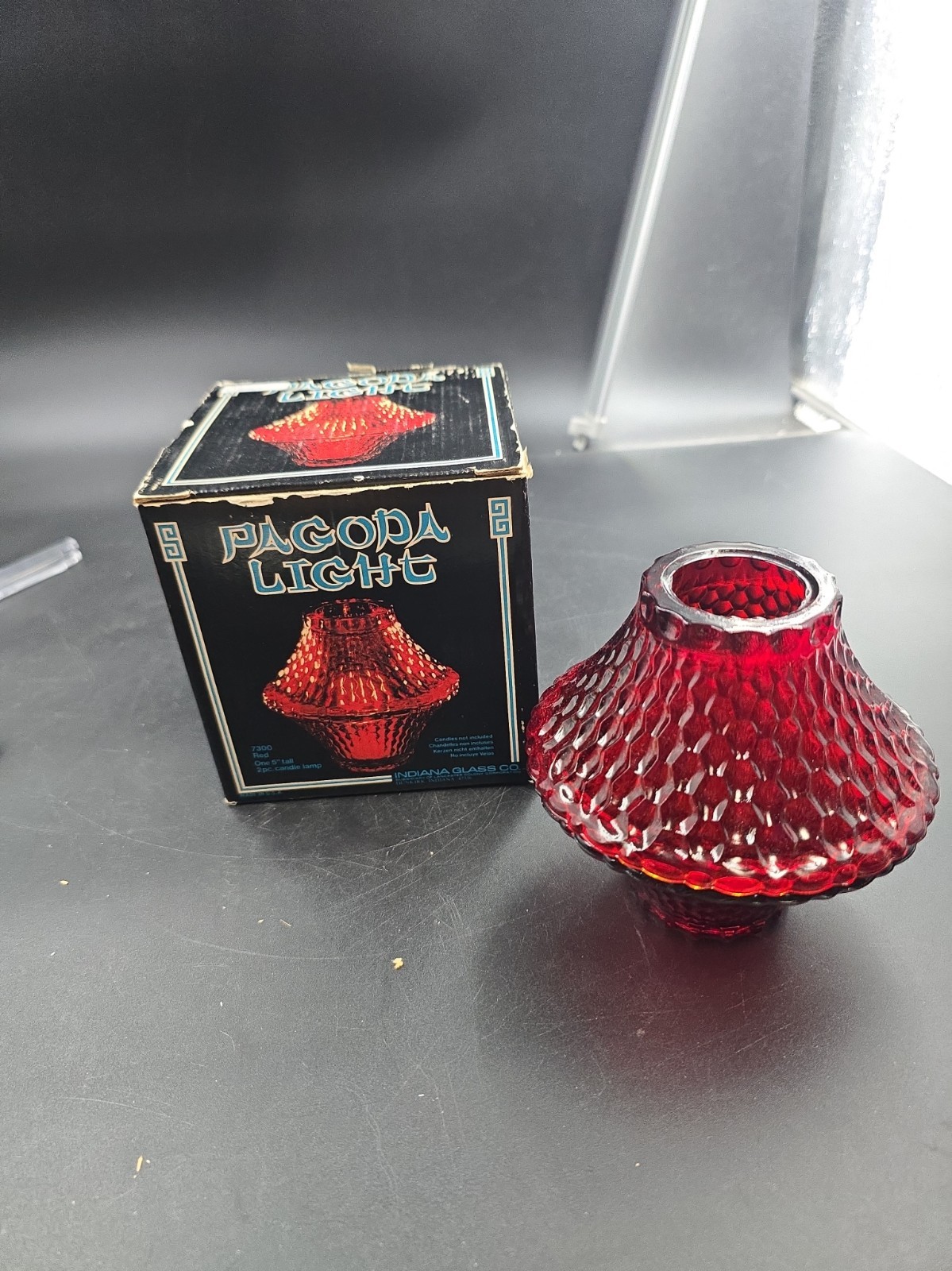 Vintage MCM Indiana Glass Honeycomb Pagoda Red Fairy Lamp Tea Light With Box