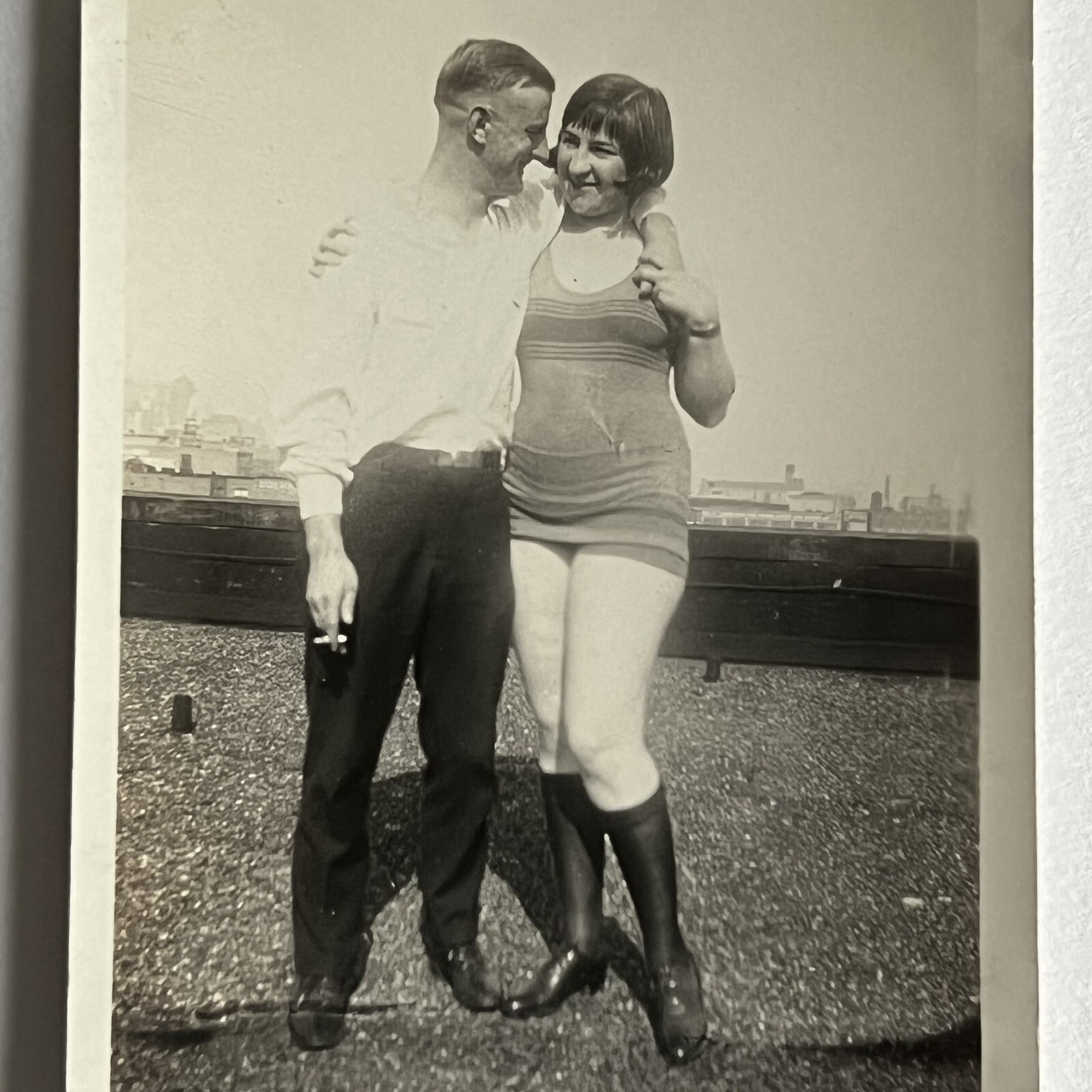 Antique Snapshot Photograph Beautiful Sexy Young Woman Flapper Man Affectionate
