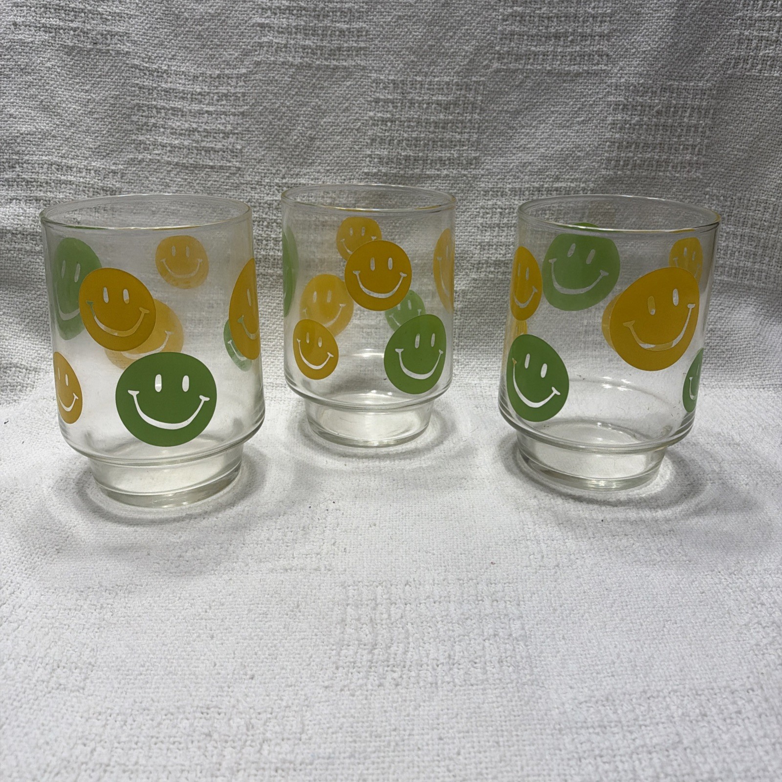 Vintage 70s Smiley Face Stackable Glass Tumblers Yellow & Green-Retro-Set of 3