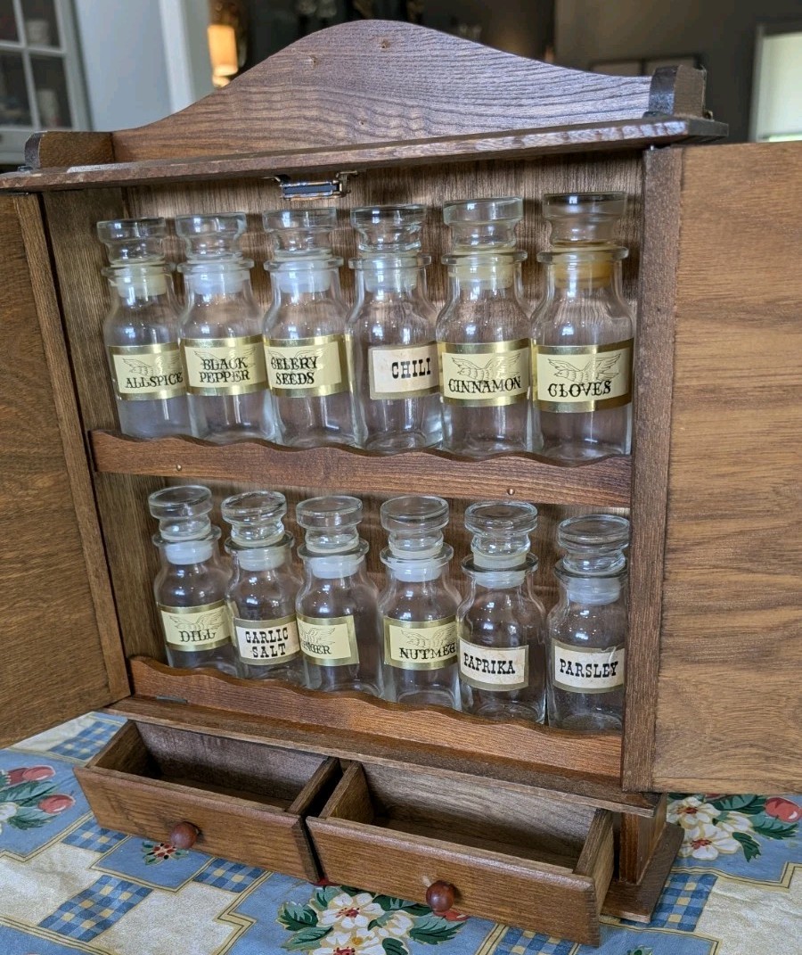 Vintage Wooden Spice Cabinet 12 Glass Jars Japan Wall Mount Original Stoppers