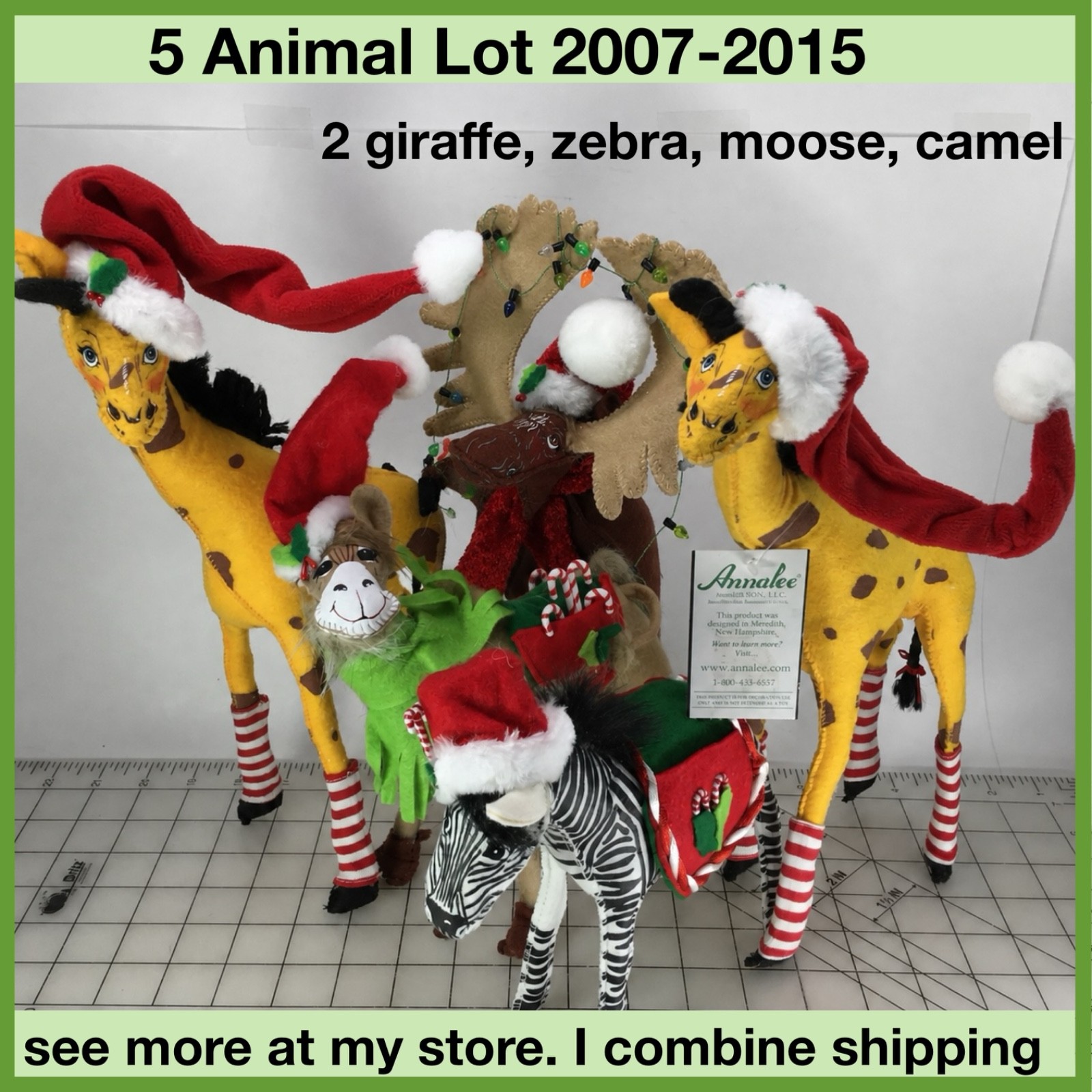 5 Annalee ANIMAL Poseable Christmas Doll giraffe,  zebra, moose,camel, 2007-2015