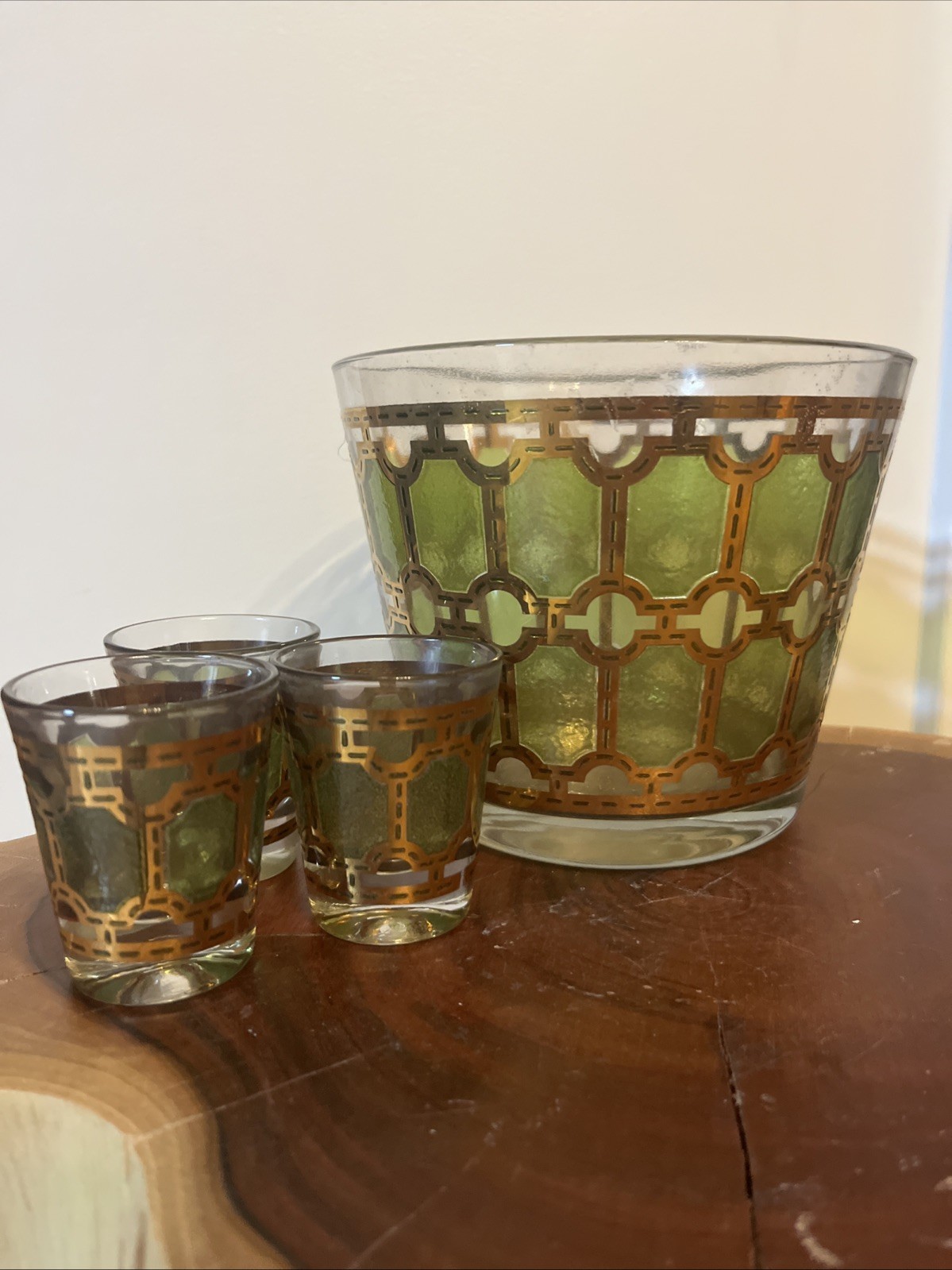 Culver 1960s Glass Bucket 22k Gold & Green Geometric + 3 Shot Glasses