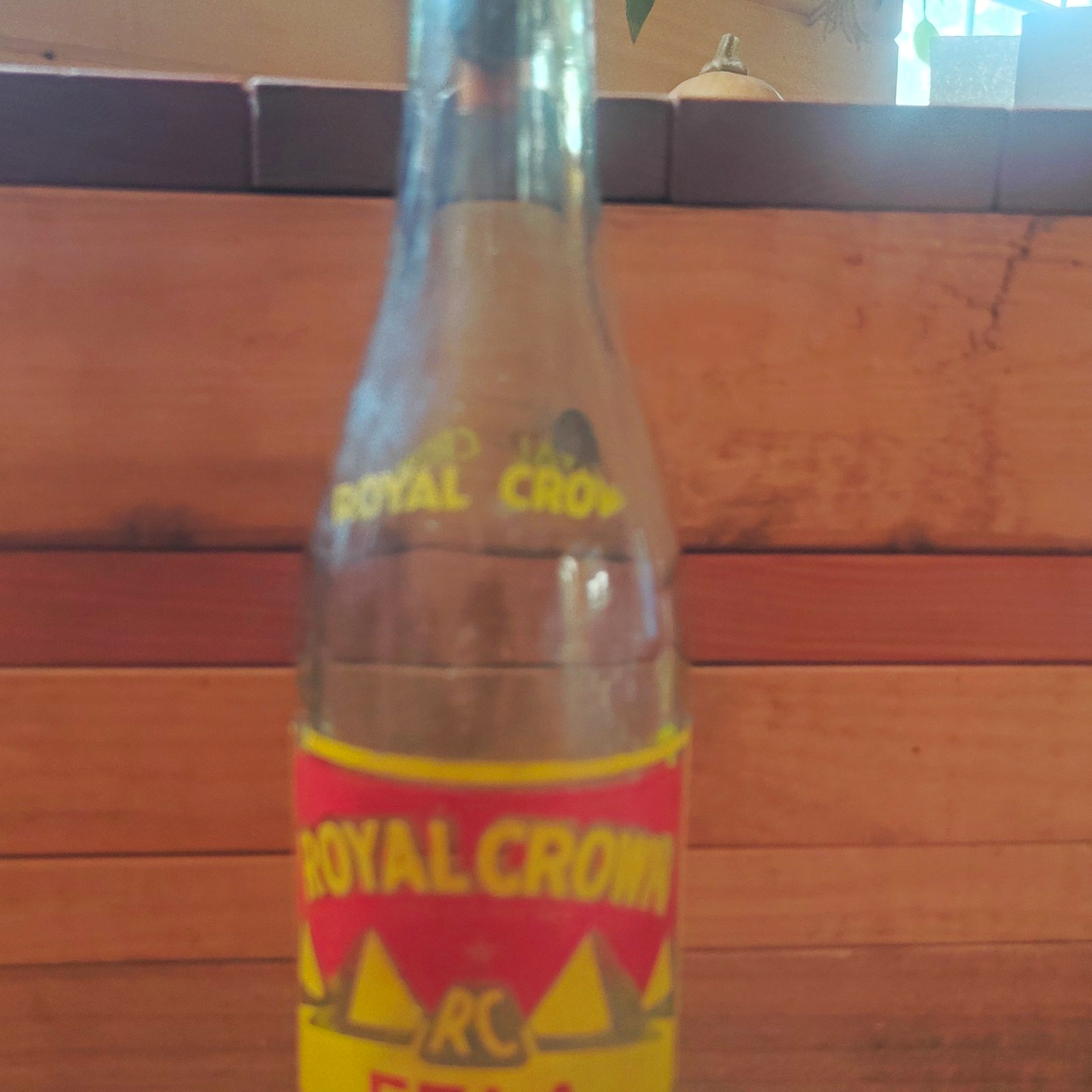 Royal Crown RC Vintage Clear Glass Soda Bottle Red/Yellow Label 1962