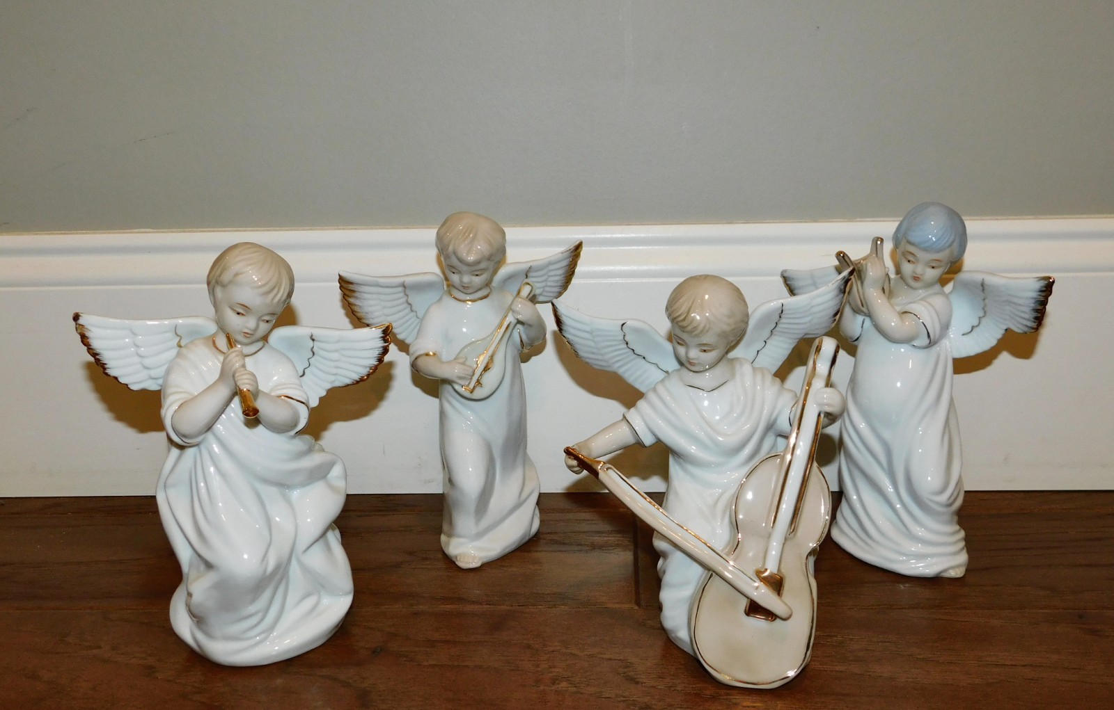 LOT 4 White Gold Porcelain Angels Harp Flute Mandolin Cello Crown Mark RARE