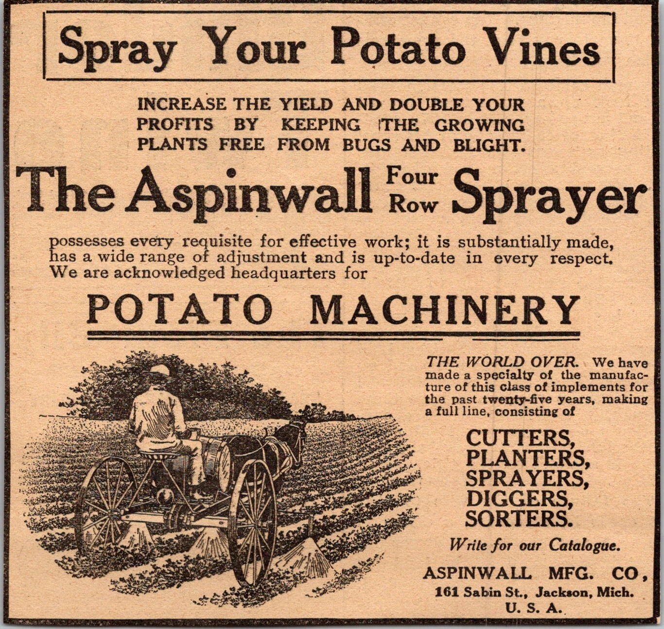 Aspinwall Mfg Co 4 Row Sprayer Sabin St Jackson MI 1906 Minneapolis Ad 5AK9-H6