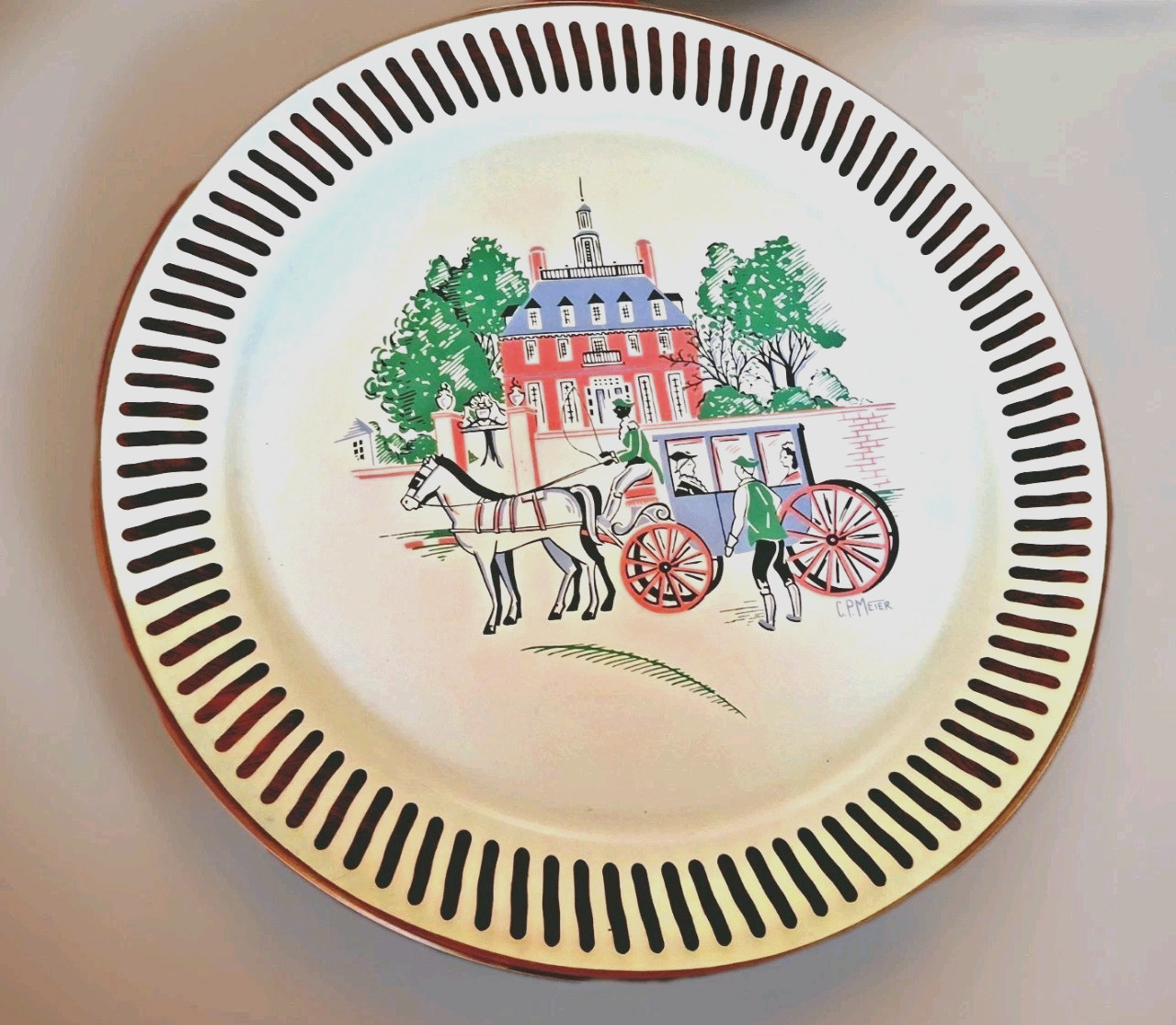 Vintage American Art Works Tole Toleware Tray Signed Cream Round Colonial, 18