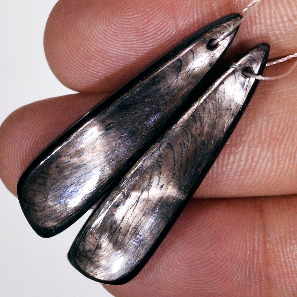 38  Cts  Natural Hypersthene Gemstone Cabochon Earrings Pair 38x9mm #P2289