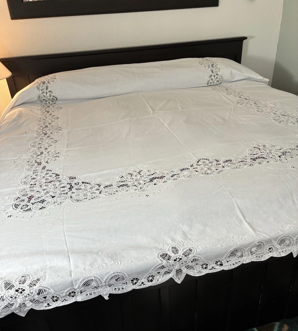 NOS Vtg 1980s KEECO Handmade Battenburg Lace Bedspread Coverlet 84x84 White New
