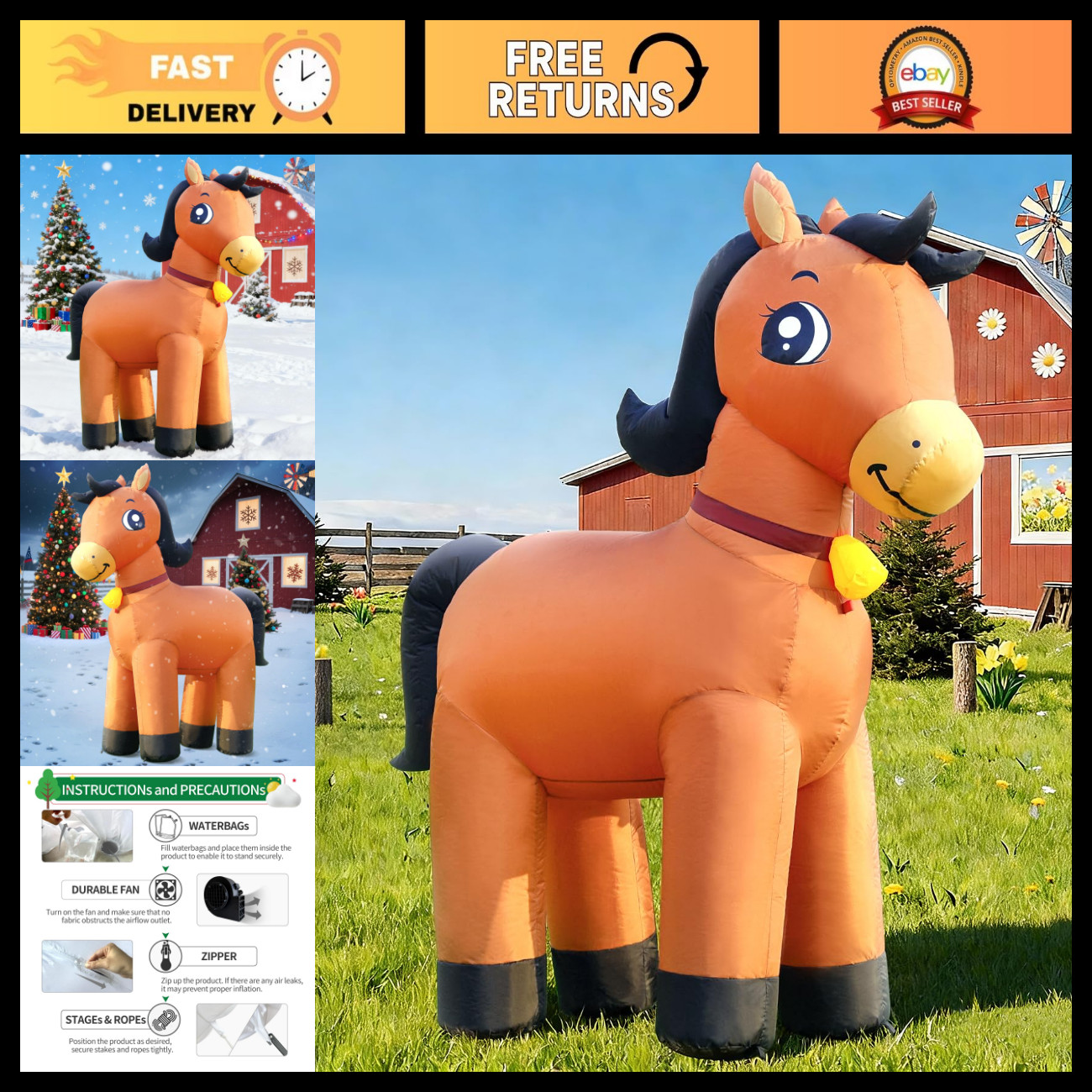 6FT Inflatable Horse Christmas Decor - Cute Clydesdale Yard Decoration with LED