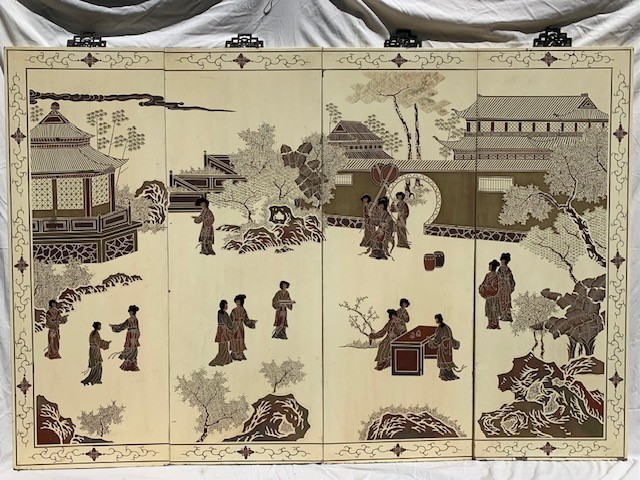 Four Panel Japanese Byobo-Lovely Courtyard Scene