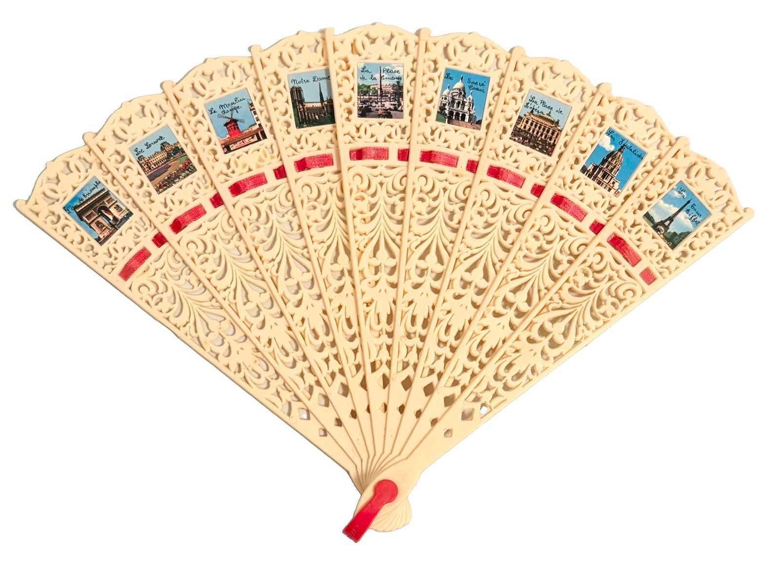 Travel Souvenir Fan Paris Landmark Photos Heavy Plastic And Red Ribbon Vintage