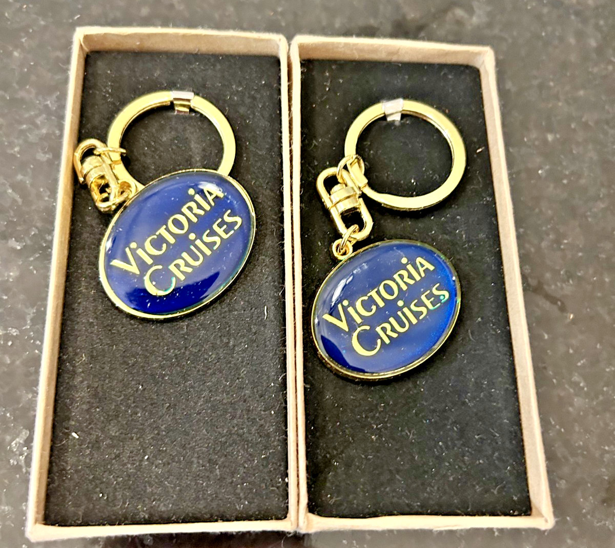Victoria Cruises Souvenir Keychains Set of 2 Gold Blue Enamel in Box