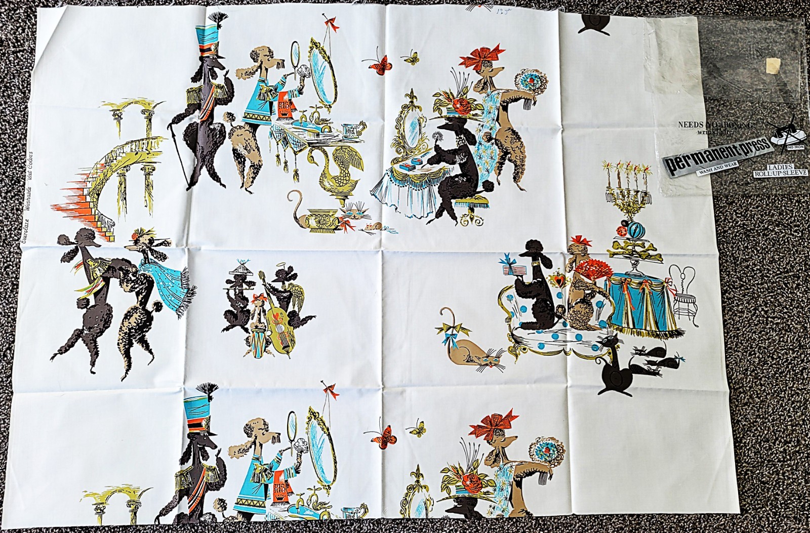 Vtg 1950s Everglaze Cotton Fabric Remnant Aristocrat Poodles Novelty 26