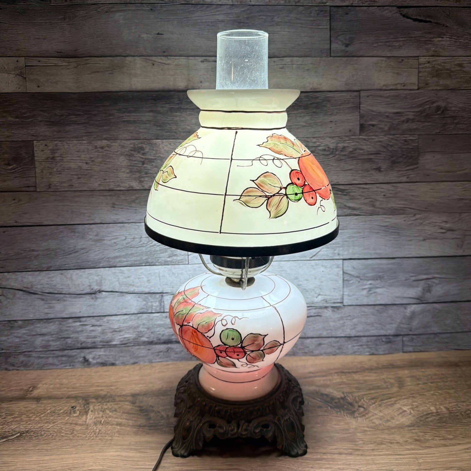 Vintage Gone With The Wind 3 Way Hurricane Parlor Lamp Painted Peach Fruit 15