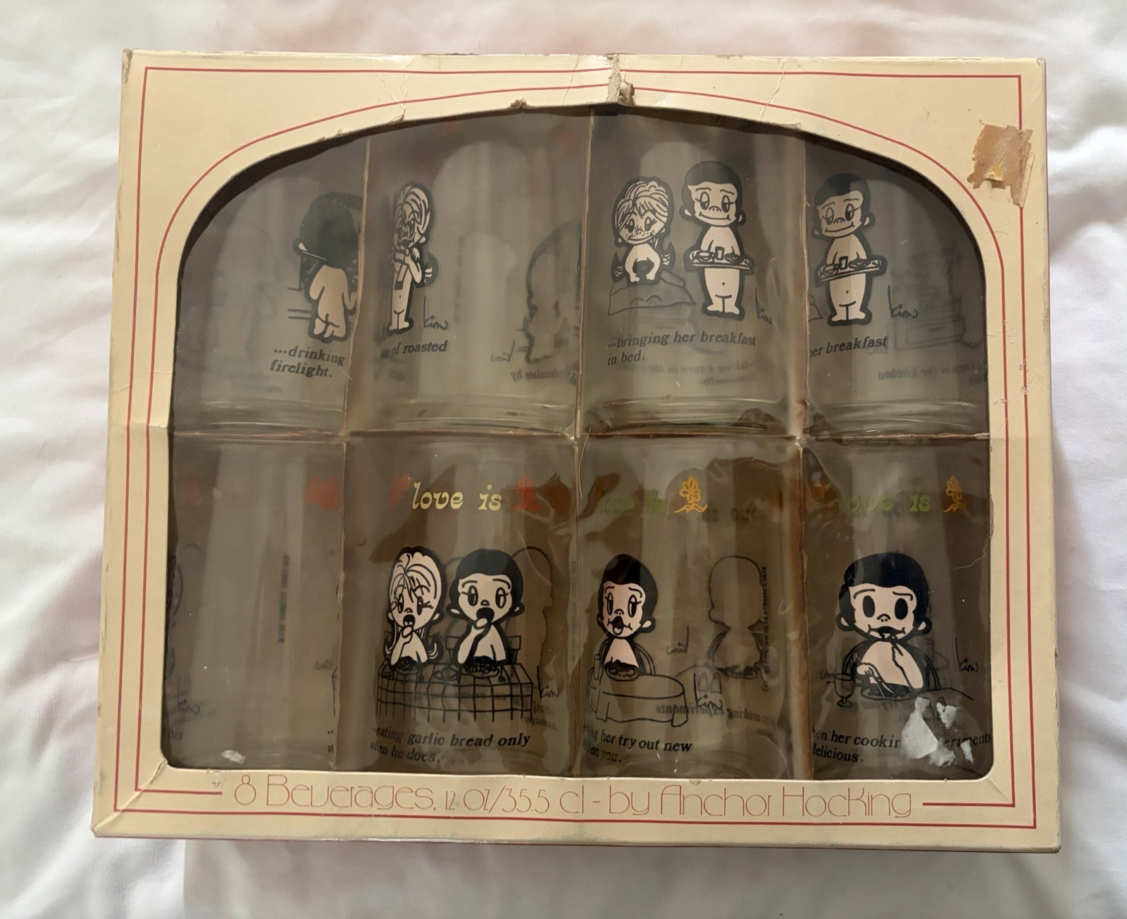 Vintage Anchor Hocking 1976 Kim Casali LA Times Love Is 8 Pc Set 12oz Glass Cups