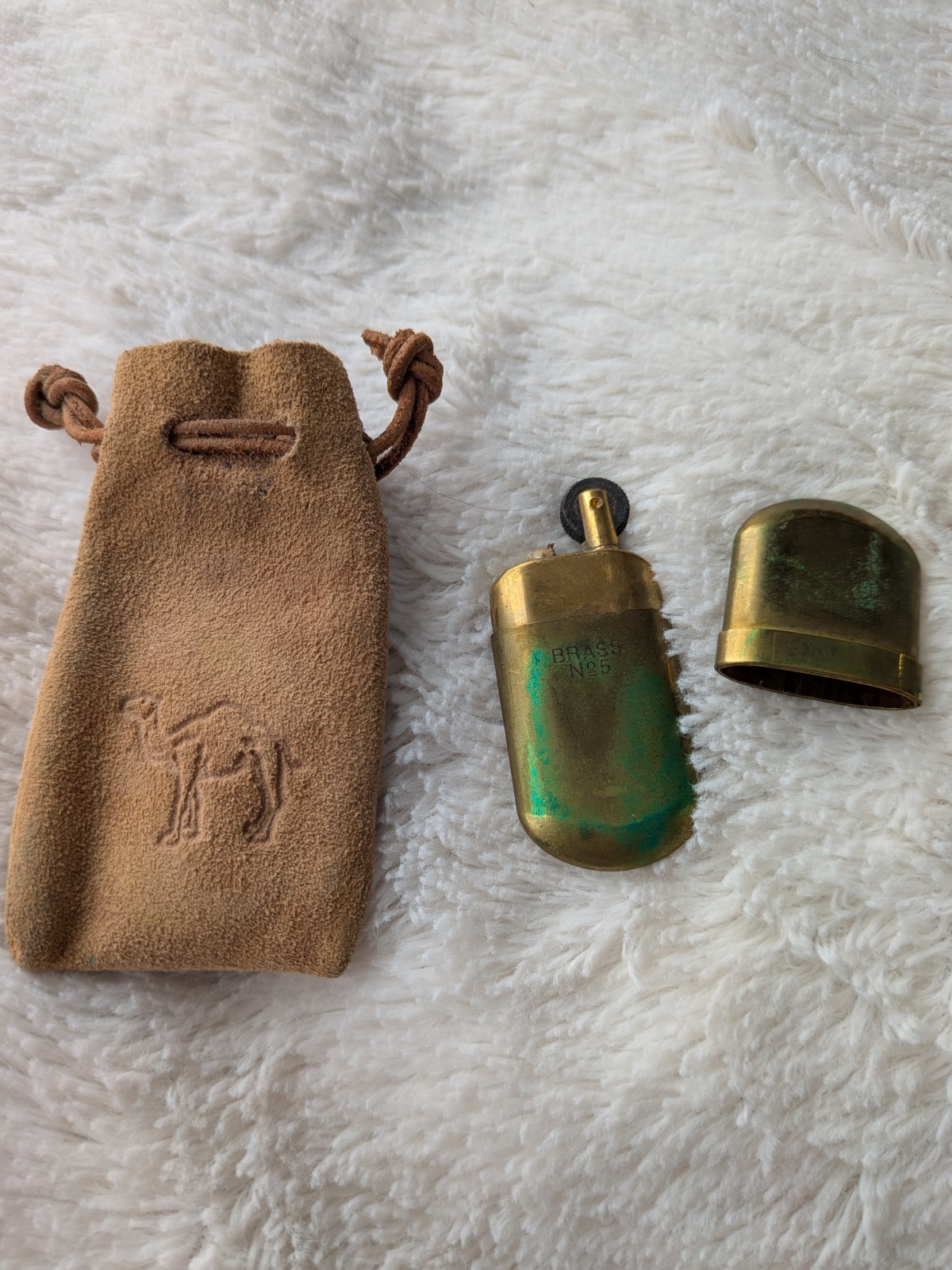 NOS Vintage Joe Camel Brass No.5 Lighter & Embossed Suede Pouch Set Unfired 